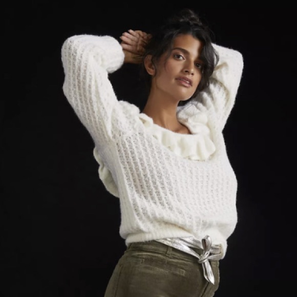 🤍Anthro Wool Blend Waffle Knit Boatneck Ruffle Sweater 🤍 - Picture 3 of 10